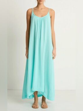 9 Seed | Tulum Low Back Gauze Cotton Maxi Dress In Pool Blue